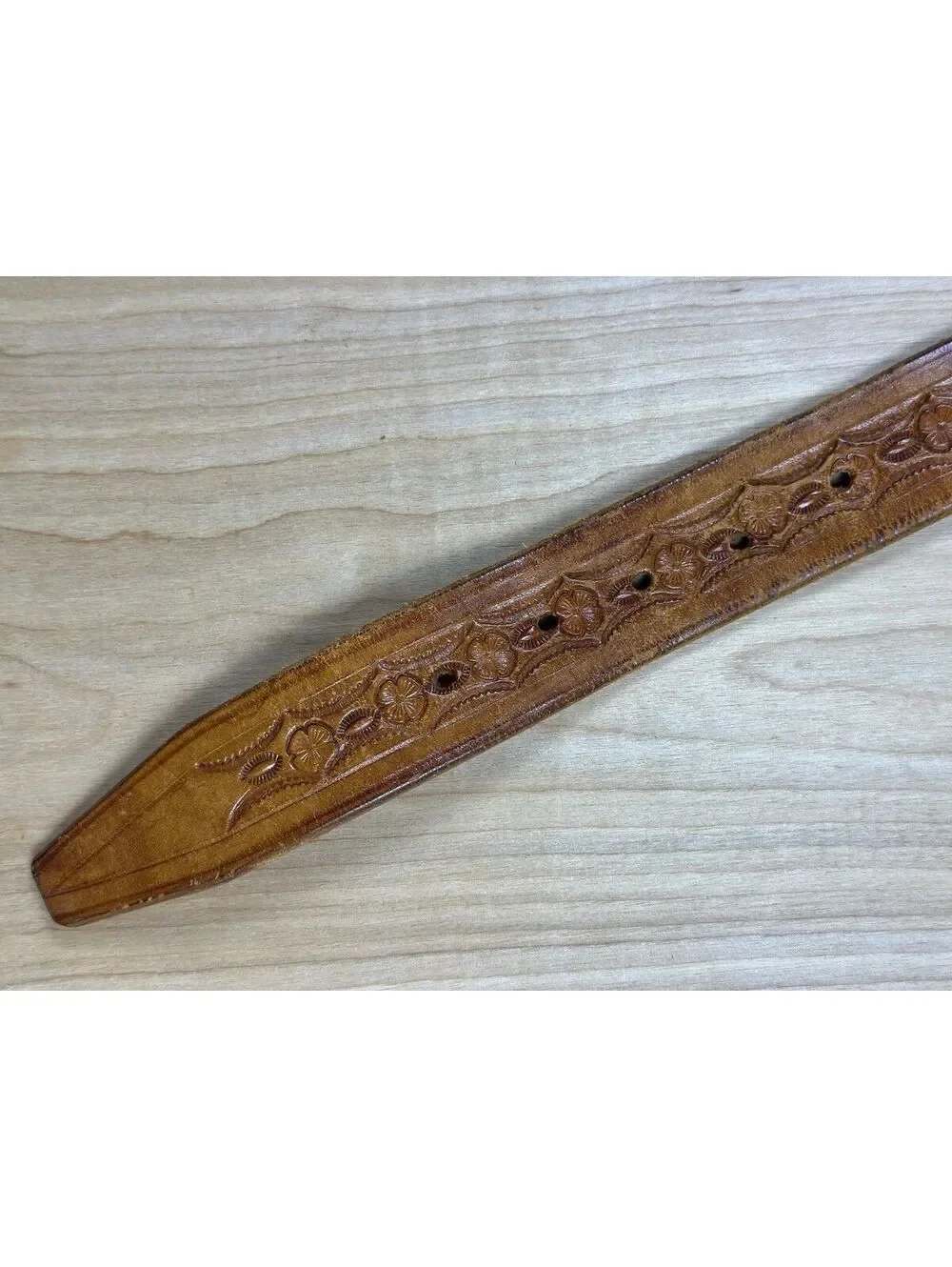 Vintage 70s Western Leather Belt 38 woven tooled floral flowers 1-3/8